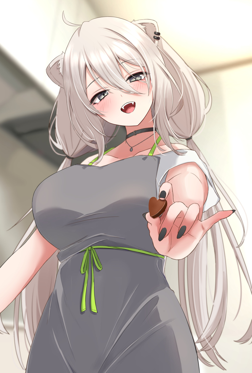 1girl absurdres ahoge animal_ears apron black_nails blurry blush candy chocolate choker depth_of_field ear_piercing fangs food grey_eyes heart heart-shaped_chocolate highres hololive lion_ears lion_girl long_hair low_twintails nerorigogo off-shoulder_shirt off_shoulder open_mouth piercing shirt shishiro_botan smile solo twintails very_long_hair virtual_youtuber white_hair