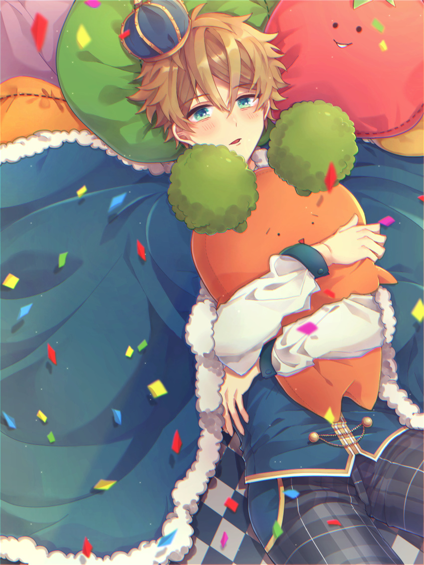 1boy blue_cape blue_eyes blue_jacket brown_hair buttons cape checkered_floor commentary_request confetti cowboy_shot crown dotted_line ensemble_stars! from_above fur-trimmed_cape fur_trim gold_trim grey_pants head_on_pillow highres holding holding_stuffed_toy jacket long_sleeves looking_up lying male_focus mini_crown muuta04 object_hug on_back on_side pants parted_lips pillow plaid plaid_pants shirt short_hair sleeve_cuffs solo stuffed_carrot stuffed_toy takamine_midori two-tone_cape white_cape white_shirt white_trim