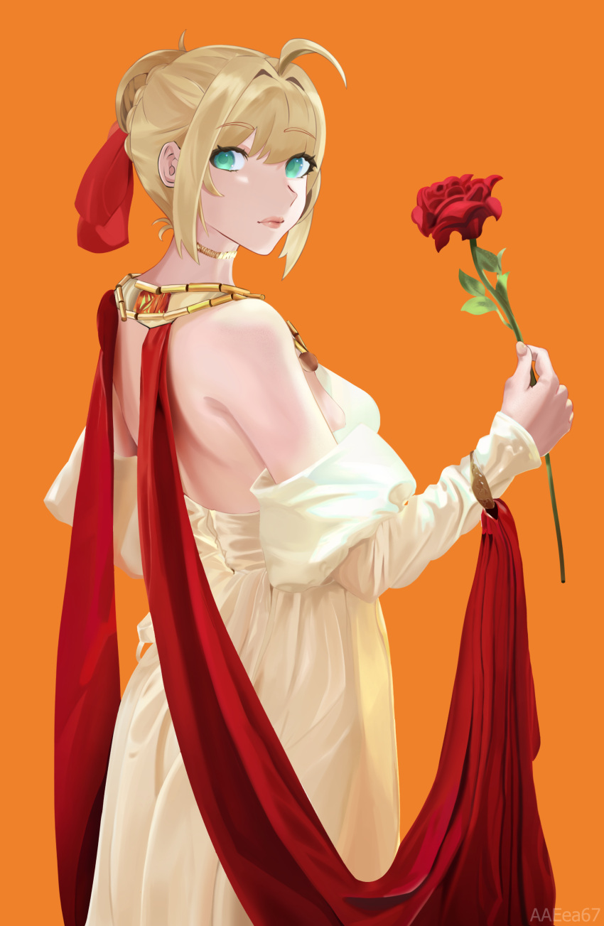 1girl absurdres bangs blonde_hair braid breasts dress fate/extra fate/grand_order fate_(series) flower gold_choker green_eyes highres holding holding_flower jewelry looking_at_viewer medium_hair nero_claudius_(fate) orange_background red_flower red_ribbon red_rose ribbon rose simple_background small_breasts solo user_vxck2882 yellow_dress