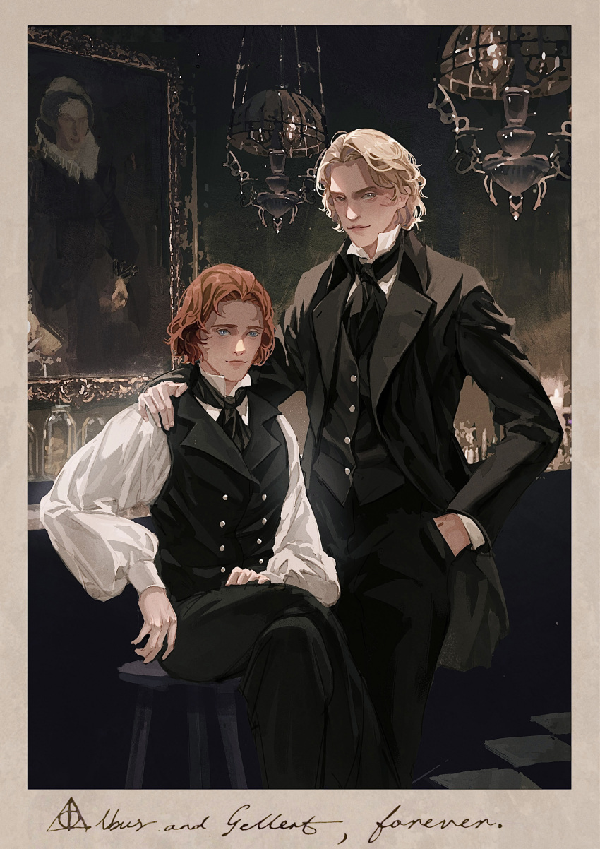 2boys absurdres albus_dumbledore ascot bangs black_ascot black_jacket black_pants black_vest blonde_hair blue_eyes bottle ceiling_light character_name closed_mouth gellert_grindelwald grey_eyes hand_in_pocket hand_on_another's_shoulder harry_potter_(series) highres indoors iyzlime jacket long_sleeves looking_at_viewer male_focus multiple_boys painting_(object) pants photo_(object) picture_frame popped_collar puffy_long_sleeves puffy_sleeves redhead shirt short_hair sitting stool vest white_shirt
