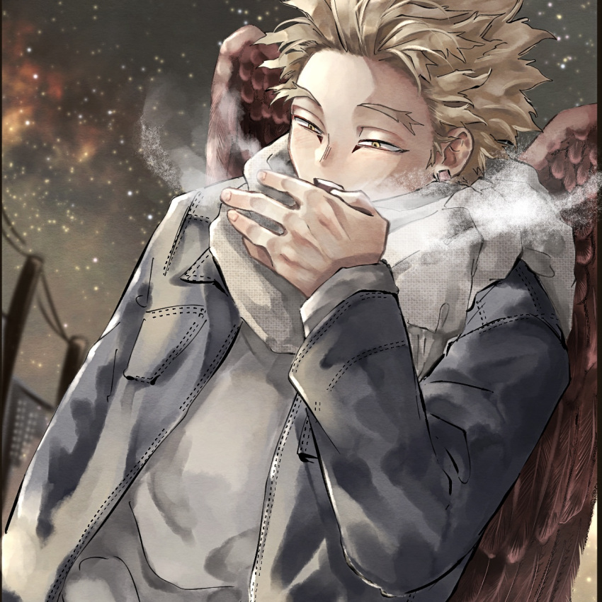 1boy arm_at_side barururunru belt black_jacket blonde_hair blurry blurry_background boku_no_hero_academia breast_pocket breath building buttons closed_mouth commentary_request covering_mouth dutch_angle facial_mark film_grain flower forked_eyebrows from_side grey_scarf grey_shirt grey_sky hand_over_own_mouth hand_up hawks_(boku_no_hero_academia) highres jacket long_sleeves looking_at_hand looking_down male_focus messy_hair narrowed_eyes open_clothes open_jacket outdoors partial_commentary pocket power_lines red_wings scarf shirt short_hair sky snowing solo spider_lily teeth triangle upper_body upper_teeth_only utility_pole wings winter yellow_eyes