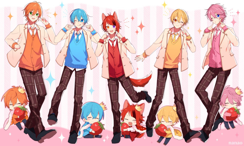 5boys :d ahoge animal_ears artist_name bangs black_footwear blazer blonde_hair blue_cape blue_eyes blue_hair blue_necktie blue_pants blue_sweater brown_footwear brown_pants buttons cape cardigan chibi closed_mouth collared_shirt colon_(stpri) commentary_request crown dog_boy dog_ears dog_tail dotted_line food fruit full_body fur-trimmed_cape fur_trim green_eyes hair_between_eyes hand_on_own_cheek hand_on_own_face hands_on_own_cheeks hands_on_own_face heterochromia highres holding holding_food holding_fruit index_finger_raised jacket jel_(stpri) lapels licking_lips long_bangs long_sleeves looking_at_viewer loose_necktie male_focus mini_crown multiple_boys necktie notched_lapels object_hug one_eye_closed open_clothes open_collar open_jacket open_mouth orange_cardigan orange_eyes orange_hair orange_necktie pants pink_background pink_cape pink_cardigan pink_necktie plaid plaid_pants pocket pointing pointing_at_self purple_cape ramio3_2 red_cape red_cardigan red_necktie redhead root_(stpri) satomi_(stpri) shirt shoes short_hair smile standing standing_on_one_leg strawberry strawberry_prince striped striped_background striped_necktie sweater swept_bangs tail tongue tongue_out two-tone_cape unbuttoned vertical_stripes violet_eyes white_background white_cape white_shirt yellow_cape yellow_eyes yellow_jacket yellow_necktie yellow_sweater