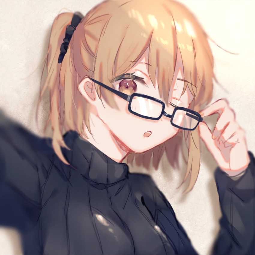 1girl adjusting_eyewear bangs bespectacled black-framed_eyewear black_scrunchie black_sweater blurry breasts chestnut_mouth commentary_request constricted_pupils fingernails glasses hair_between_eyes hair_ornament hair_scrunchie highres kagerou_project kisaragi_momo long_bangs long_sleeves looking_at_viewer looking_over_eyewear medium_breasts mekakucity_actors muuta04 nail_polish one_eye_closed orange_eyes orange_hair orange_nails ponytail rectangular_eyewear scrunchie solo sweater teeth turtleneck turtleneck_sweater upper_body upper_teeth_only white_background