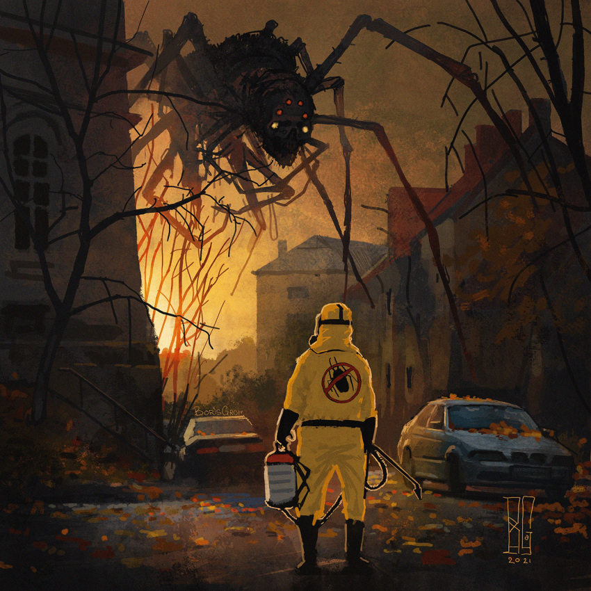 1boy artist_name autumn_leaves bare_tree black_footwear black_gloves boots boris_groh bottle bug building car commentary creature dated english_commentary extra_eyes full_body gas_mask gloves ground_vehicle hazmat_suit highres holding hose house insecticide mask monster motor_vehicle orange_sky original outdoors railing road rubber_boots rubber_gloves sky spider spray_bottle standing sunset tree watermark