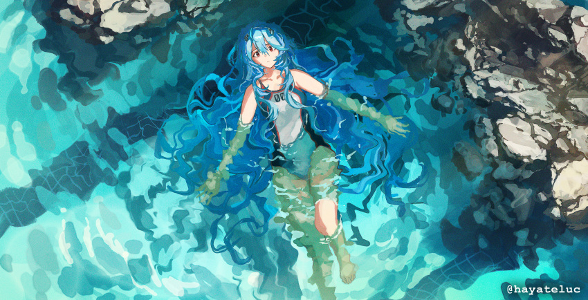 1girl absurdres afloat artist_name ayanami_rei blue_hair competition_swimsuit from_above hayateluc highres interface_headset long_hair looking_at_viewer neon_genesis_evangelion one-piece_swimsuit pool red_eyes scenery solo swimsuit twitter_username water