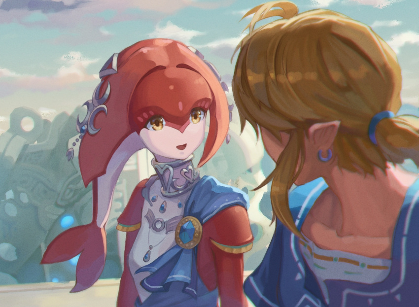 1boy 1girl blonde_hair blue_tunic colored_skin earrings fish_girl hairband head_fins headpiece jewelry link looking_at_another mipha neck_ring ponytail red_skin saburou_(jako) short_hair sidelocks smile the_legend_of_zelda the_legend_of_zelda:_breath_of_the_wild yellow_eyes zora