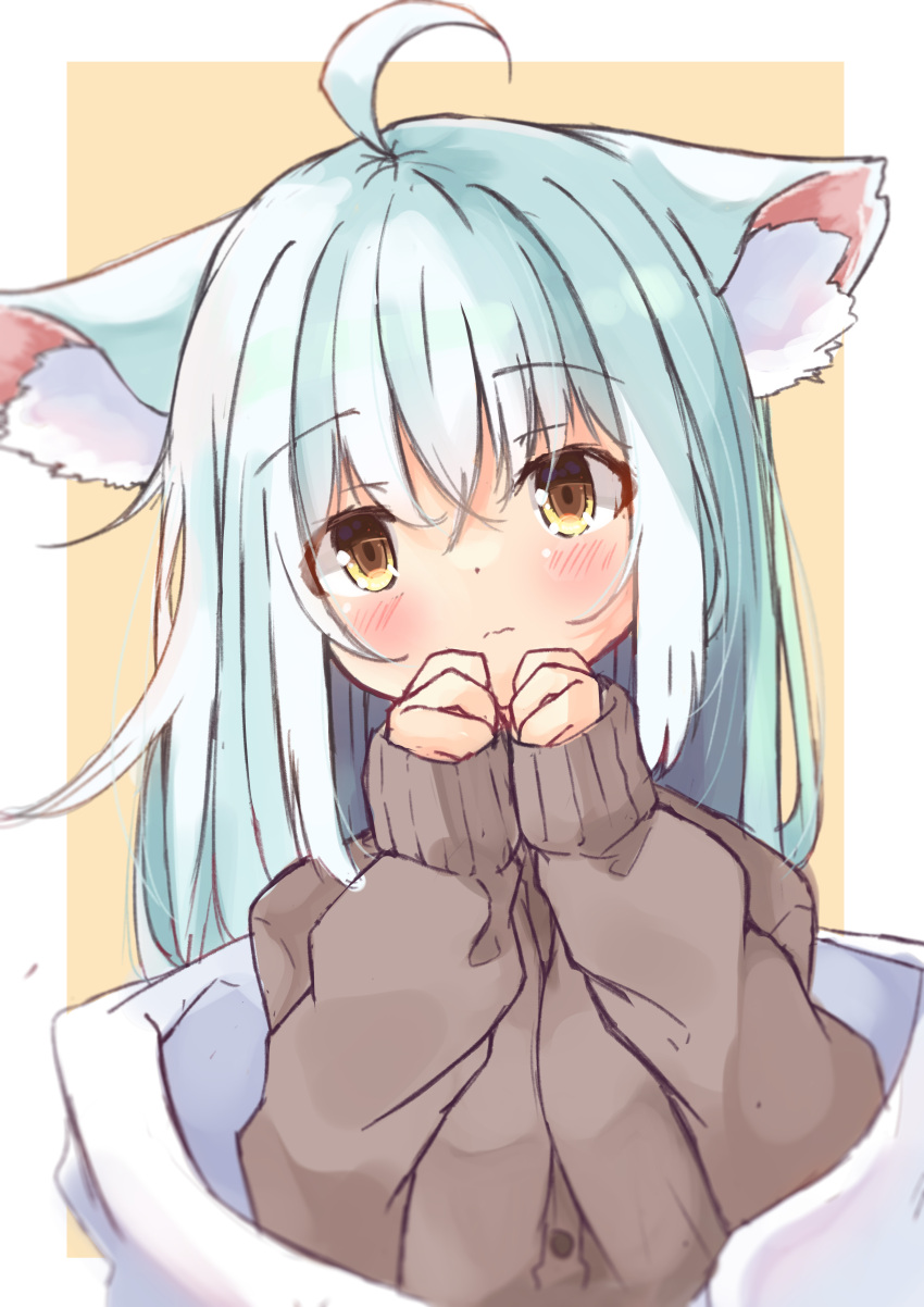 1girl absurdres ahoge animal_ear_fluff animal_ears bangs blue_hair blush brown_background brown_eyes brown_jacket cat_ears closed_mouth commentary_request hair_between_eyes hands_up head_tilt highres jacket long_hair long_sleeves looking_at_viewer manabe_mana original puffy_long_sleeves puffy_sleeves sleeves_past_wrists solo two-tone_background upper_body wavy_mouth white_background