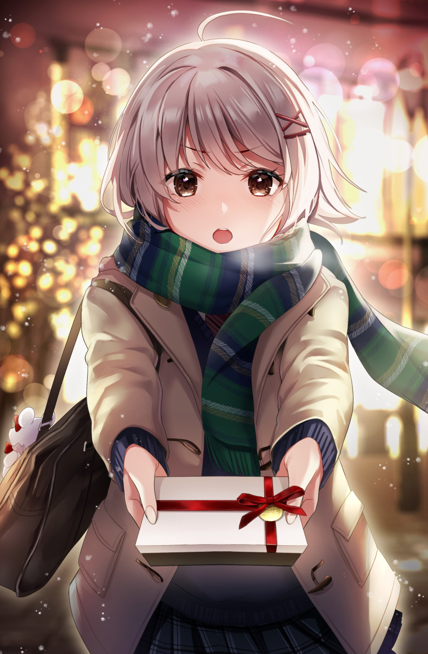 1girl :o absurdres ahoge bag black_skirt black_sweater blurry blurry_background blush box brown_eyes brown_hair brown_jacket depth_of_field derori fringe_trim gift gift_box green_scarf hair_ornament hairclip highres holding holding_gift jacket long_sleeves looking_at_viewer open_clothes open_jacket open_mouth original outstretched_arms pleated_skirt scarf skirt solo sweater teeth upper_teeth_only x_hair_ornament