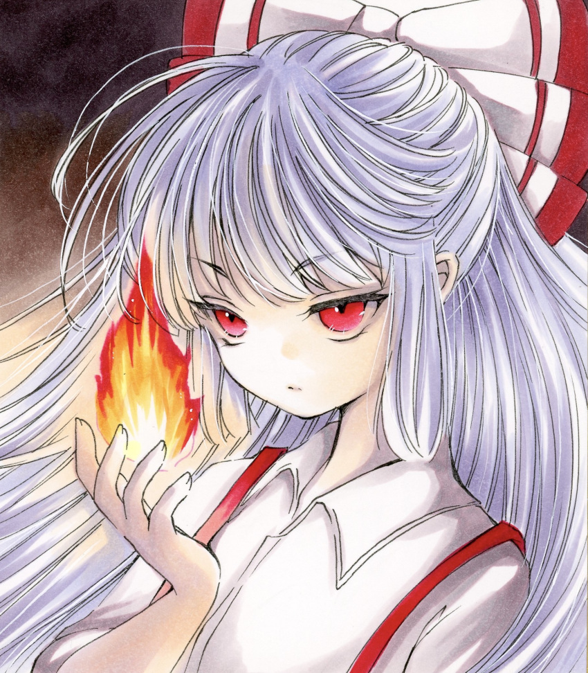 1girl bow closed_mouth collared_shirt commentary_request fire flame fujiwara_no_mokou hair_bow hand_up highres long_hair marker_(medium) one-hour_drawing_challenge red_bow red_eyes shirt solo suspenders touhou traditional_media two-tone_bow upper_body white_bow white_hair white_shirt yuuki_hana_(jtnp5334)