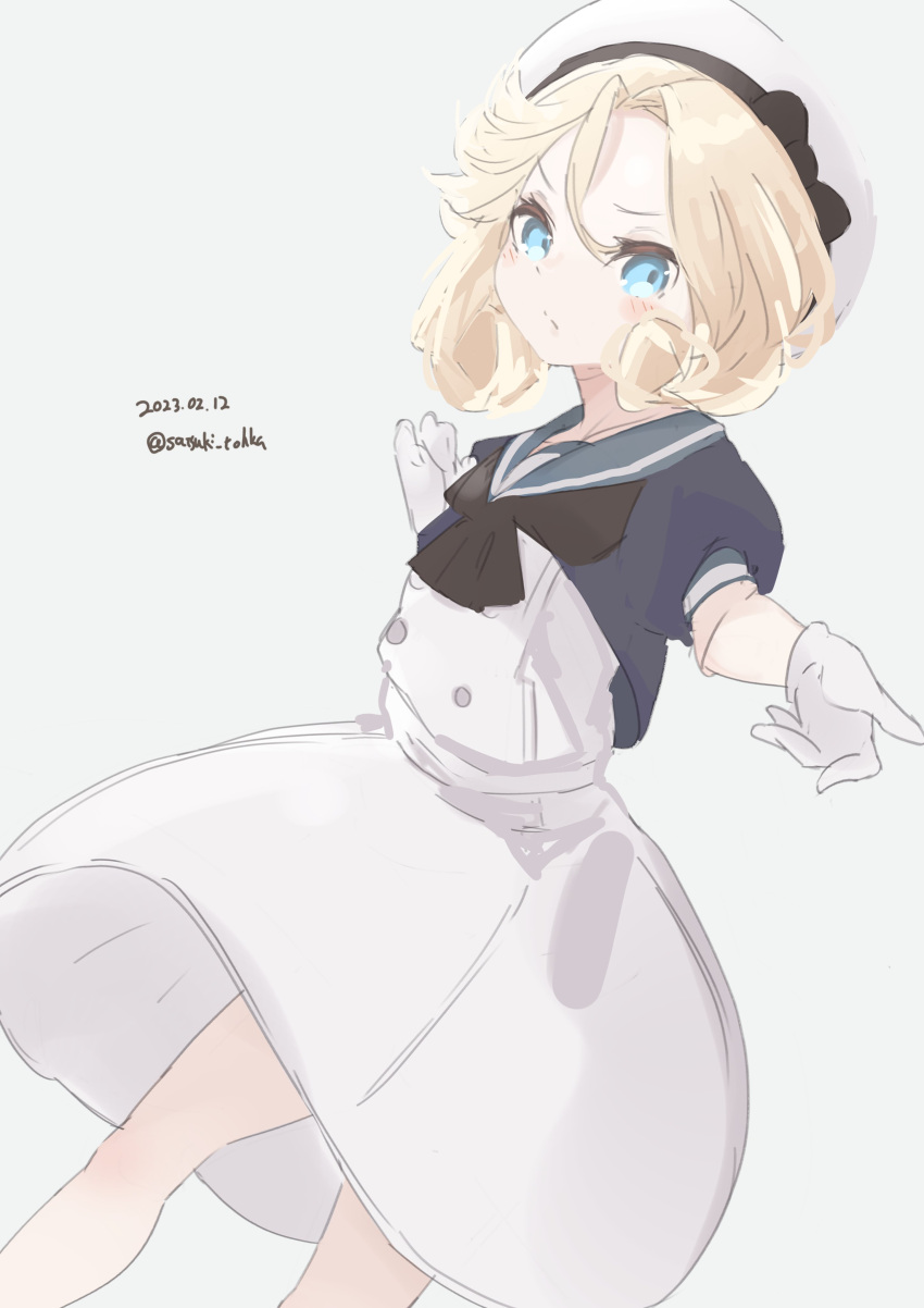 1girl absurdres bangs blonde_hair blue_eyes blue_sailor_collar dated dress gloves hat highres janus_(kancolle) kantai_collection looking_at_viewer one-hour_drawing_challenge parted_bangs sailor_collar sailor_dress sailor_hat satsuki_tooka short_hair short_sleeves simple_background solo white_background white_dress white_gloves white_headwear