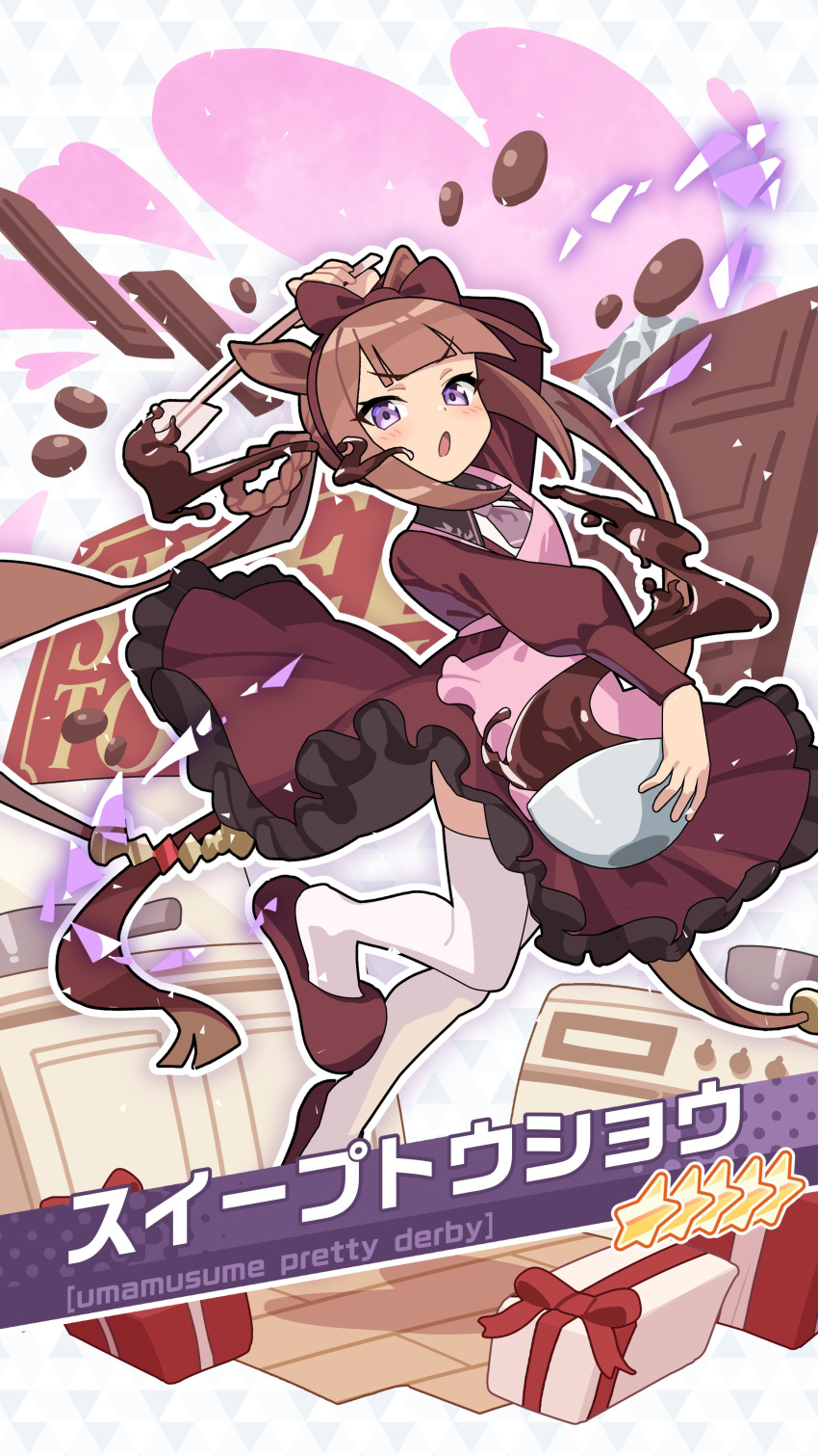1girl absurdres apron bangs blush bow bowl brown_hair commentary_request dress frilled_apron frilled_dress frills hair_bow highres horse_girl juliet_sleeves kuroto_mato long_sleeves looking_at_viewer mixing_bowl pink_apron puffy_sleeves red_dress red_footwear sidelocks slippers solo spatula sweep_tosho_(umamusume) thigh-highs translation_request twintails umamusume violet_eyes white_thighhighs