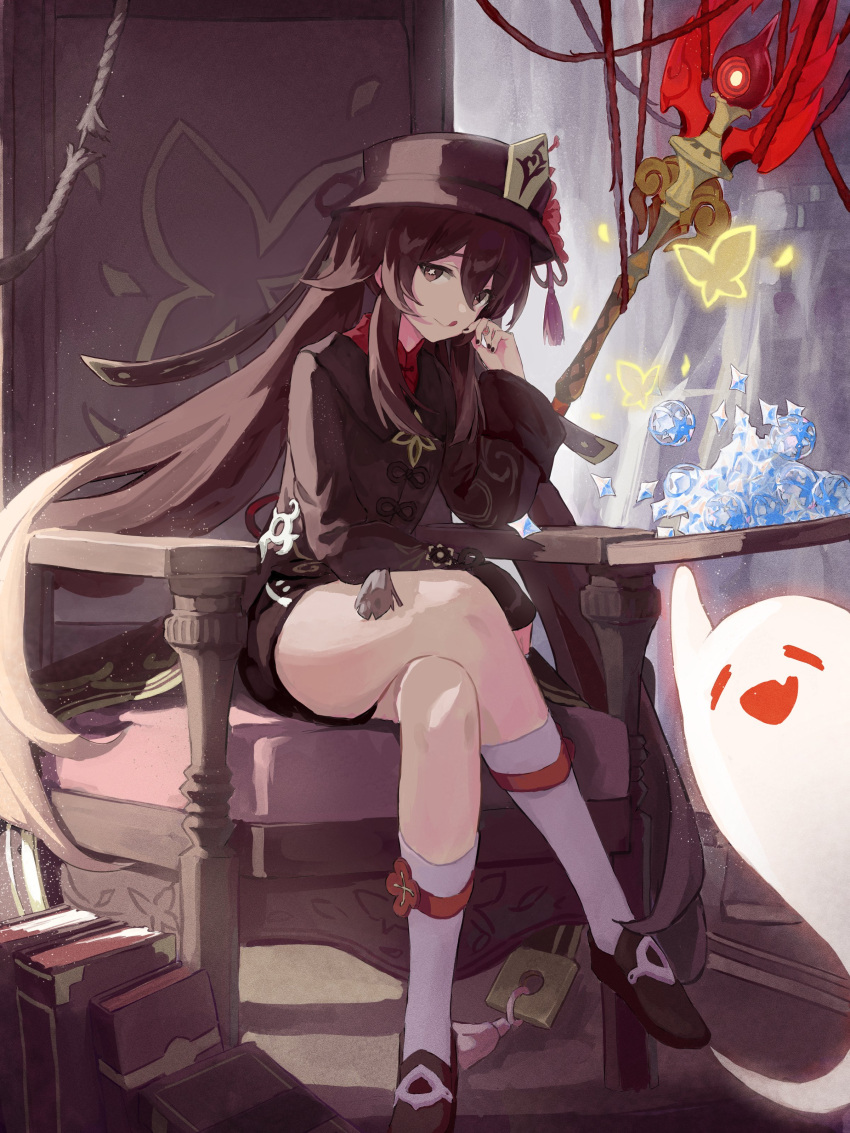 1girl :p absurdres ahchuh black_shorts brown_hair bug butterfly chair crossed_legs full_body genshin_impact ghost hat highres hu_tao_(genshin_impact) legs licking_lips looking_at_viewer porkpie_hat primogem red_eyes shorts sitting socks tongue tongue_out twintails