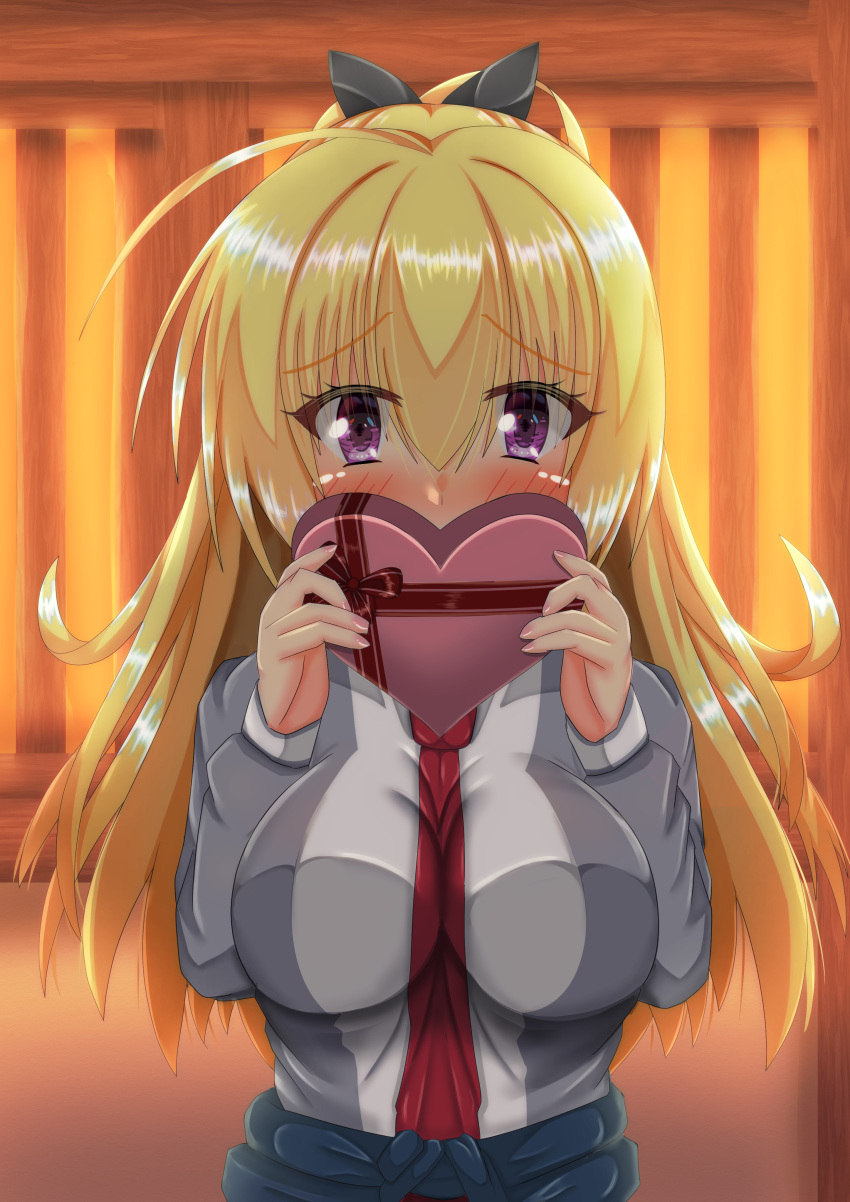1girl absurdres ahoge bangs between_breasts black_bow blonde_hair blush bow box breasts clothes_around_waist commentary_request covering_mouth embarrassed eyelashes gift hair_between_eyes hair_bow hands_up heart-shaped_box highres holding holding_gift indoors large_breasts lena_liechtenauer long_hair looking_at_viewer necktie necktie_between_breasts ponytail red_bow red_necktie red_ribbon ribbon school_uniform senren_banka sidelocks solo sunset syamidare upper_body valentine violet_eyes yuzu-soft