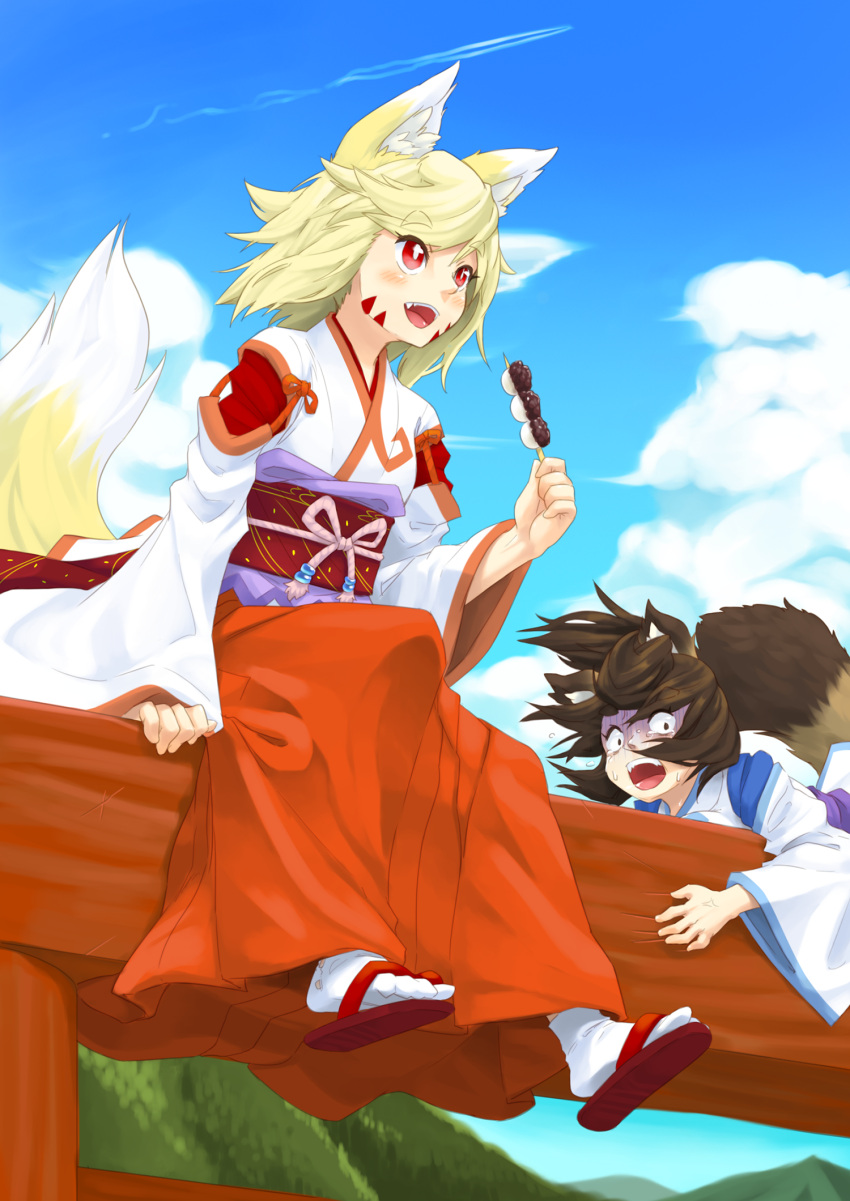 2girls animal_ear_fluff animal_ears bangs blonde_hair blue_sky blush bright_pupils brown_eyes brown_hair clothing_cutout clouds commentary_request constricted_pupils contrail dango day facial_mark fang fangs flat_chest food fox_ears fox_girl fox_tail full_body hakama hakama_skirt hand_up happy highres holding holding_food holding_skewer japanese_clothes kame_(3t) kimono long_sleeves looking_down miko mountain multiple_girls obi open_mouth orange_trim original outdoors raccoon_ears raccoon_girl raccoon_tail red_eyes red_footwear red_hakama sandals sash scared short_hair shoulder_cutout sidelocks sitting skewer skirt sky smile socks sweat swept_bangs tabi tail tears teeth tongue torii turn_pale wagashi whisker_markings white_kimono white_pupils white_socks wide_sleeves