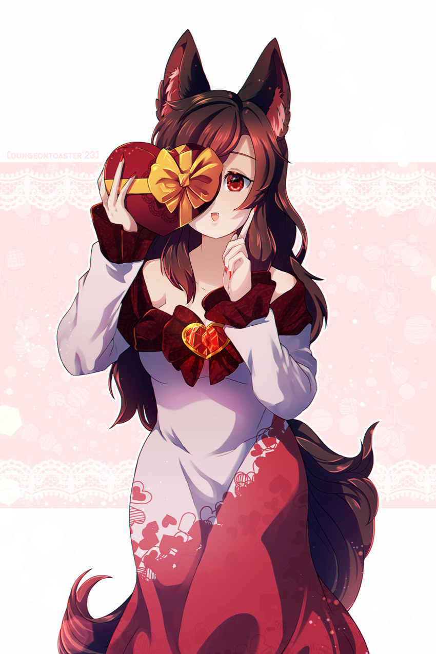 1girl absurdres animal_ear_fluff animal_ears box brooch brown_hair collarbone dress dungeon_toaster fingerless_gloves gift gift_box gloves heart-shaped_box highres holding holding_gift imaizumi_kagerou jewelry long_hair long_sleeves multicolored_clothes multicolored_dress nail_polish open_mouth red_dress red_eyes red_nails smile solo tail touhou white_dress wolf_ears wolf_tail