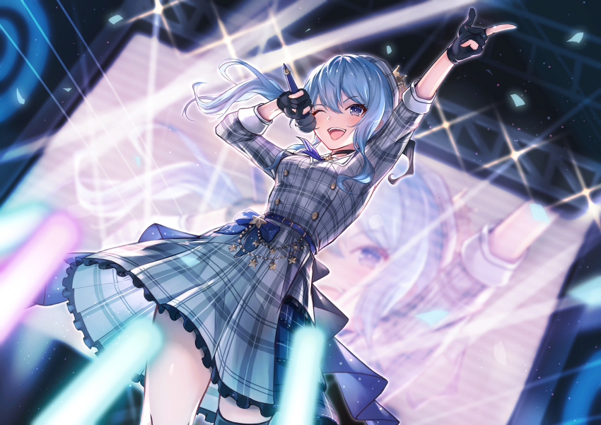 1girl ;d absurdres asymmetrical_legwear black_gloves blue_eyes blue_hair buttons confetti cowboy_shot crown double-breasted dress floating_hair from_below gloves grey_dress hair_between_eyes hat highres holding holding_microphone hololive hoshimachi_suisei microphone mini_crown one_eye_closed open_mouth partially_fingerless_gloves penlight plaid plaid_dress plaid_headwear pointing sidelocks smile solo stage stage_lights standing teeth tokisaka_makoto upper_teeth_only virtual_youtuber zoom_layer