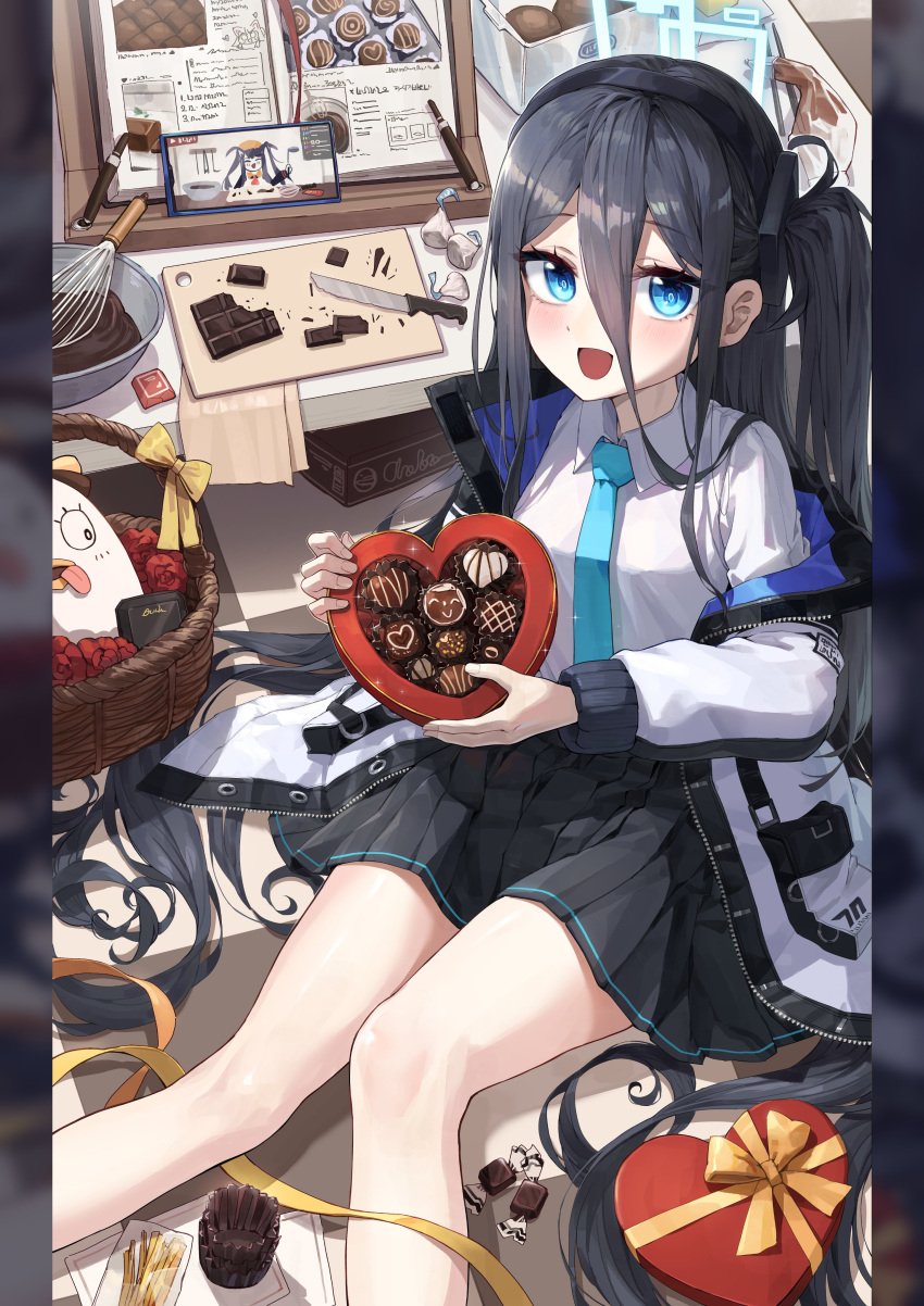 1girl absurdly_long_hair absurdres aris_(blue_archive) black_hairband blue_archive blue_hair blue_necktie blush box box_of_chocolates candy cellphone chocolate cookbook cooking cutting_board dark_blue_hair food fuuka_(blue_archive) gift gift_box hair_between_eyes hairband halo heart heart-shaped_box heart-shaped_chocolate highres holding holding_box holding_gift kitchen_knife kokukyukeo ladle long_hair necktie one_side_up peroro_(blue_archive) phone ringed_eyes smartphone solo valentine very_long_hair whisk