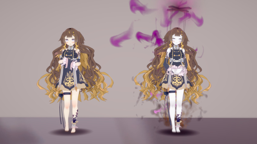 anya_melfissa aura barefoot before_and_after corruption crossed_arms dark_aura dark_persona doll doll_joints highres hololive hololive_indonesia joints koikatsu koikatsu_(medium) multicolored_hair pale_skin possessed puppet takumisrealmtf transformation virtual_youtuber