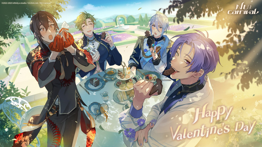 4boys :d :o ^_^ artist_request black_gloves blue_hair brown_hair cake closed_eyes commentary copyright_name eating edmond_(nu_carnival) english_commentary floral_print food gloves green_hair happy_valentine hedge heterochromia highres holding holding_food kuya_(nu_carnival) low_ponytail male_focus mole mole_under_eye multiple_boys nu_carnival official_art official_wallpaper olivine_(nu_carnival) outdoors purple_hair red_eyes red_gloves smile table teaspoon violet_eyes yakumo_(nu_carnival) yellow_eyes