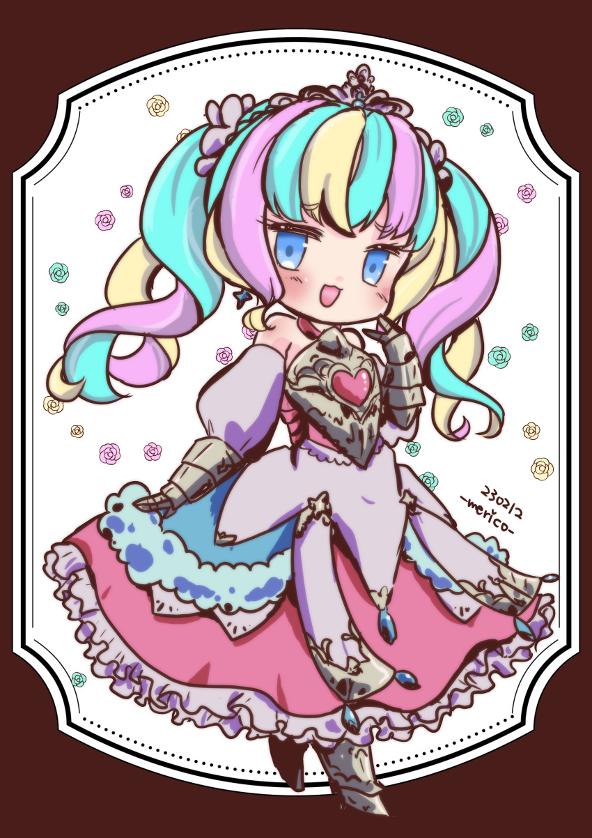 1girl :d absurdres aqua_hair armor bare_shoulders blonde_hair blue_eyes blush breastplate chibi dress frilled_dress frills full_body gauntlets highres long_dress merico multicolored_hair pink_dress pink_hair princess princess_(sekaiju) princess_5_(sekaiju) sekaiju_no_meikyuu sekaiju_no_meikyuu_3 sekaiju_no_meikyuu_hd signature sleeveless sleeveless_dress smile solo tiara twintails
