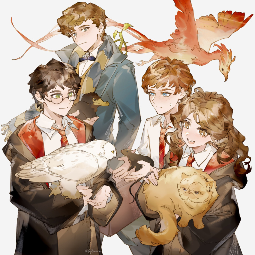 1girl 3boys animal animal_on_shoulder bird black_hair black_jacket blue_coat blue_eyes bowtruckle briefcase brown_hair brown_pants cat coat collared_shirt creator_connection crookshanks cupping_hands fantastic_beasts_and_where_to_find_them fawkes flying glasses green_eyes gryffindor hands_up harry_potter harry_potter_(series) hedwig hermione_granger highres hogwarts_school_uniform holding holding_animal hood hood_down hooded_jacket hufflepuff in_palm jacket light_brown_hair long_hair long_sleeves looking_at_animal looking_at_another looking_to_the_side mouse multiple_boys necktie newt_scamander niffler owl own_hands_together pants petting phoenix red_necktie redhead ron_weasley round_eyewear scabbers scarf school_uniform shirt short_hair smile striped striped_scarf twitter_username white_background white_shirt yuji_(fantasia)