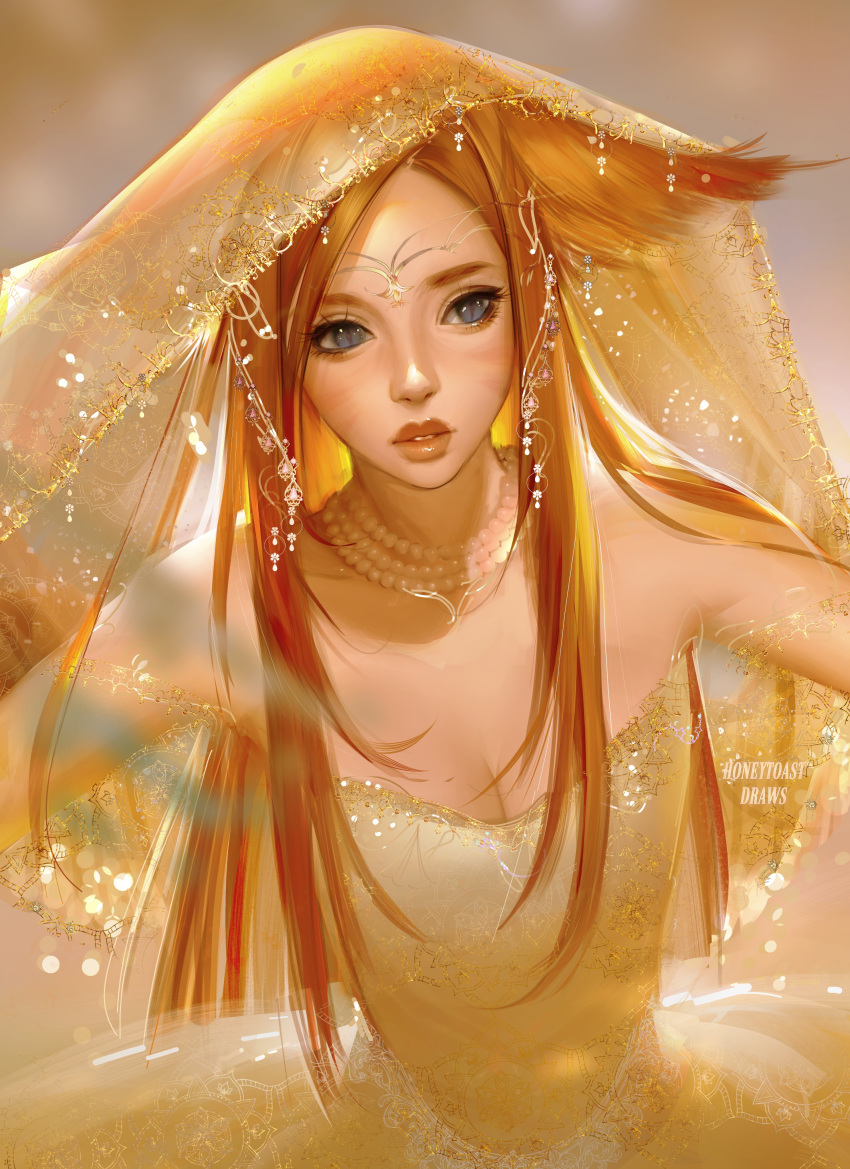 1girl absurdres animal_ears avatar_(ff14) bare_shoulders blue_eyes breasts cat_ears dress english_commentary facial_mark final_fantasy final_fantasy_xiv highres jewelry lips long_hair mahoushani medium_breasts miqo'te necklace orange_hair pearl_necklace slit_pupils strapless strapless_dress veil whisker_markings