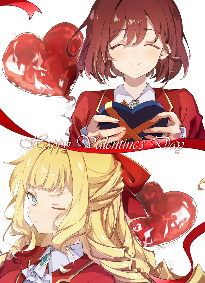 2girls ^_^ balloon bangs blonde_hair blue_eyes bow box braid brown_hair captain_yue claire_francois closed_eyes closed_mouth collared_shirt commentary dated gift gift_box hair_between_eyes hair_bow happy_valentine heart-shaped_box heart_balloon highres holding holding_gift jacket long_hair long_sleeves multiple_girls red_bow red_jacket rei_taylor shirt short_hair simple_background smile symbol-only_commentary watashi_no_oshi_wa_akuyaku_reijou white_background white_shirt yuri