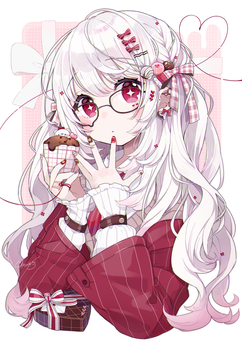 +_+ 1girl black-framed_eyewear bow box chon_(chon33v) closed_mouth collared_shirt commentary_request cropped_torso cupcake ear_piercing food food-themed_hair_ornament gift gift_box glasses hair_bow hair_ornament hairclip hands_up heart-shaped_box highres holding holding_food jacket long_hair long_sleeves multicolored_nails nail_art original piercing pink_background puffy_long_sleeves puffy_sleeves red_bow red_eyes red_jacket shirt sleeves_past_wrists solo striped striped_bow two-tone_background upper_body valentine very_long_hair white_background white_bow white_hair white_shirt