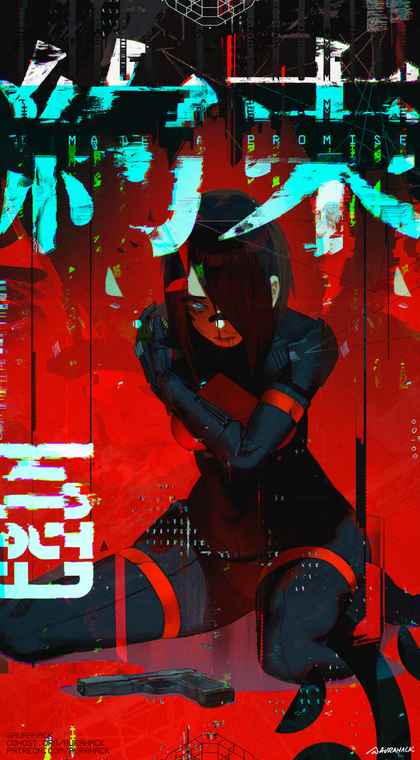 1girl amputee android arm_strap aurahack black_hair black_skin blending blood blood_from_mouth blue_eyes bodysuit breasts colored_skin distortion elster_(signalis) facial_mark glitch gun hair_over_one_eye handgun highres holding_own_arm looking_at_viewer medium_breasts medium_hair nosebleed red_background signalis sitting solo spoilers thigh_strap weapon yokozuwari