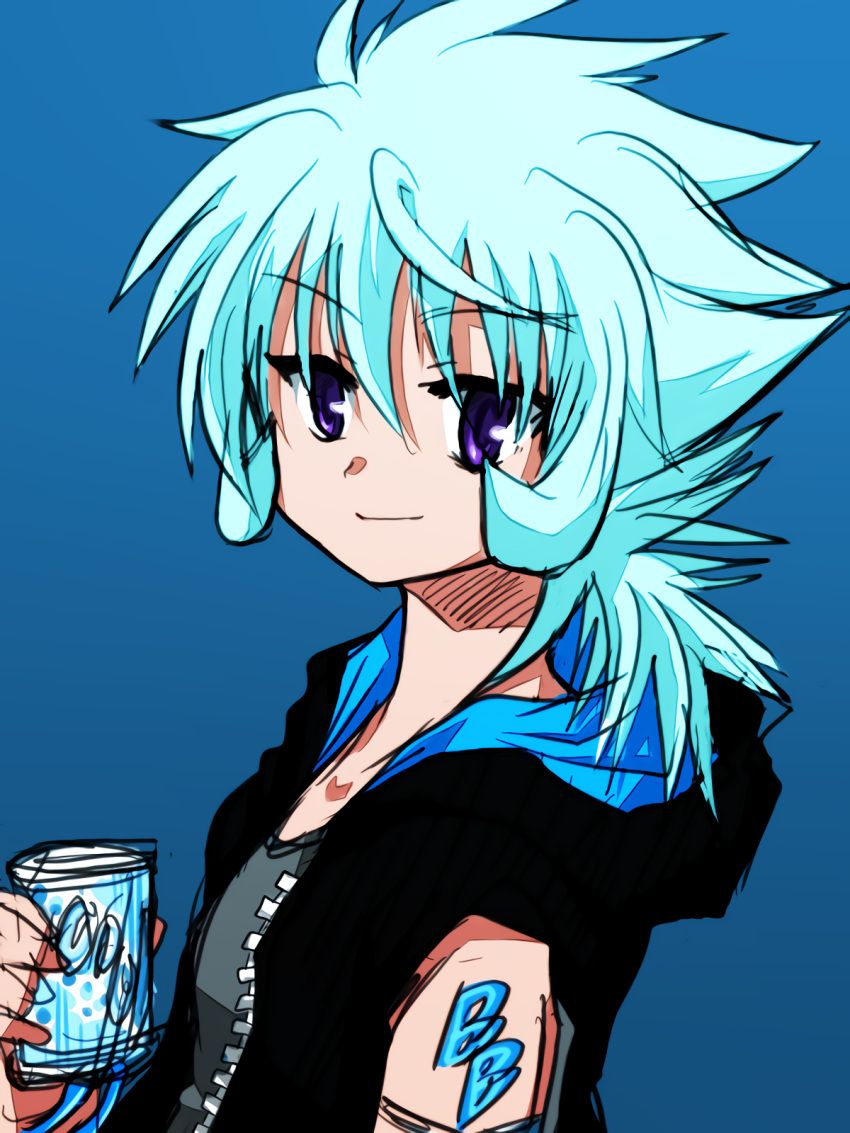 1girl beyblade black_jacket blue_hair closed_mouth drink energy_drink flat_chest hasama_hikaru highres jacket juvenile looking_at_viewer medium_hair metal_fight_beyblade open_clothes open_jacket solo spiky_hair tomboy upper_body violet_eyes young