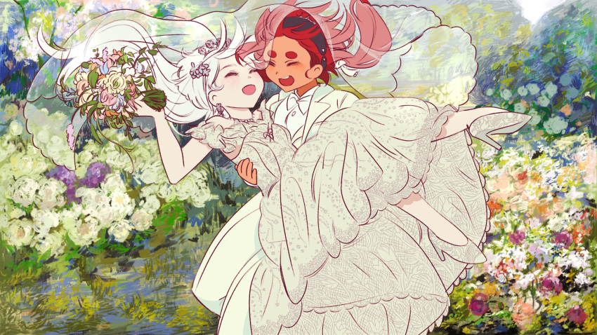 2girls black_hairband blue_flower bouquet bow bowtie bridal_veil carrying closed_eyes commentary_request day dress earrings eoljukko flower gundam gundam_suisei_no_majo hairband highres holding holding_bouquet jewelry korean_commentary leaf long_hair miorine_rembran multiple_girls open_mouth outdoors pink_flower princess_carry red_eyes smile suletta_mercury thick_eyebrows veil wedding_dress white_background white_bow white_bowtie white_dress white_flower wife_and_wife yuri