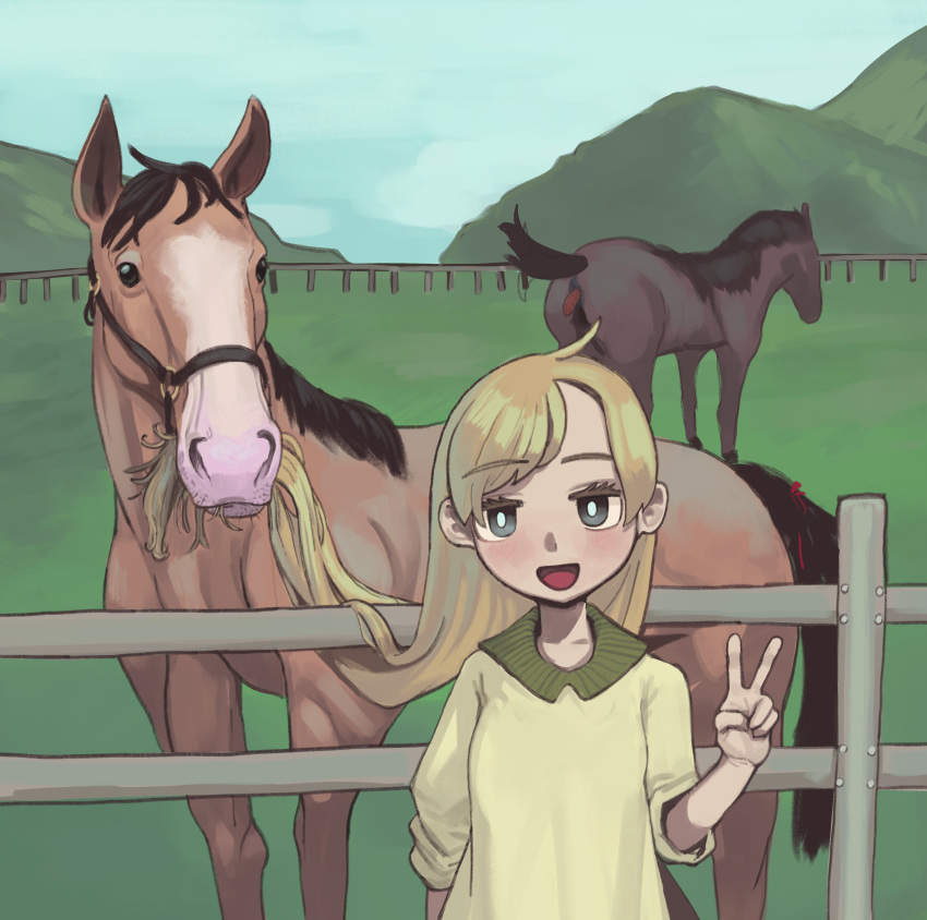 1girl :d absurdres bangs bright_pupils clouds cloudy_sky deent_(30390450) eating_hair fence grey_eyes hair_in_another's_mouth hand_up highres horse long_hair looking_at_viewer mountainous_horizon original outdoors poop sky sleeves_rolled_up smile solo straight-on sweater swept_bangs upper_body v white_pupils yellow_sweater