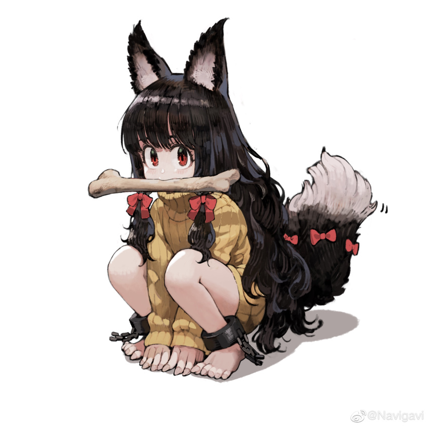 1girl absurdres all_fours animal_ear_fluff animal_ears barefoot black_hair bone bow chain commentary cuffs fingernails hair_bow highres jun_(seojh1029) knit_sweater long_hair looking_at_viewer messy_hair original red_eyes shackles sharp_fingernails sharp_toenails solo squatting symbol-only_commentary tail tail_bow tail_ornament toenails weibo_logo weibo_username white_background wolf_ears wolf_girl wolf_tail