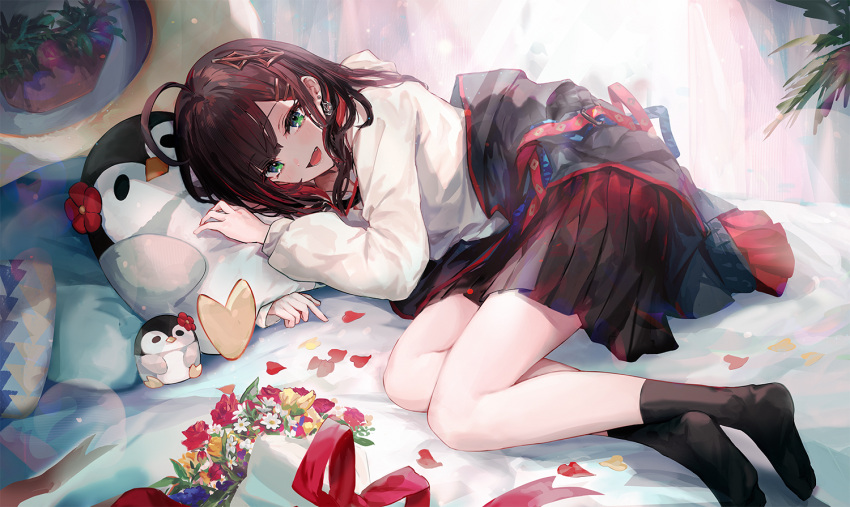 1girl ahoge arm_up bed_sheet black_hair black_skirt black_socks blue_flower bouquet commentary_request curtains earrings flower green_eyes hair_ornament hizuki_yui jewelry long_sleeves looking_at_viewer lying makihitsuji multicolored_hair neo-porte no_shoes official_art on_side petals pillow pleated_skirt puffy_long_sleeves puffy_sleeves red_flower red_rose redhead rose shirt skirt socks soles solo streaked_hair stuffed_animal stuffed_penguin stuffed_toy virtual_youtuber white_flower white_shirt yellow_flower