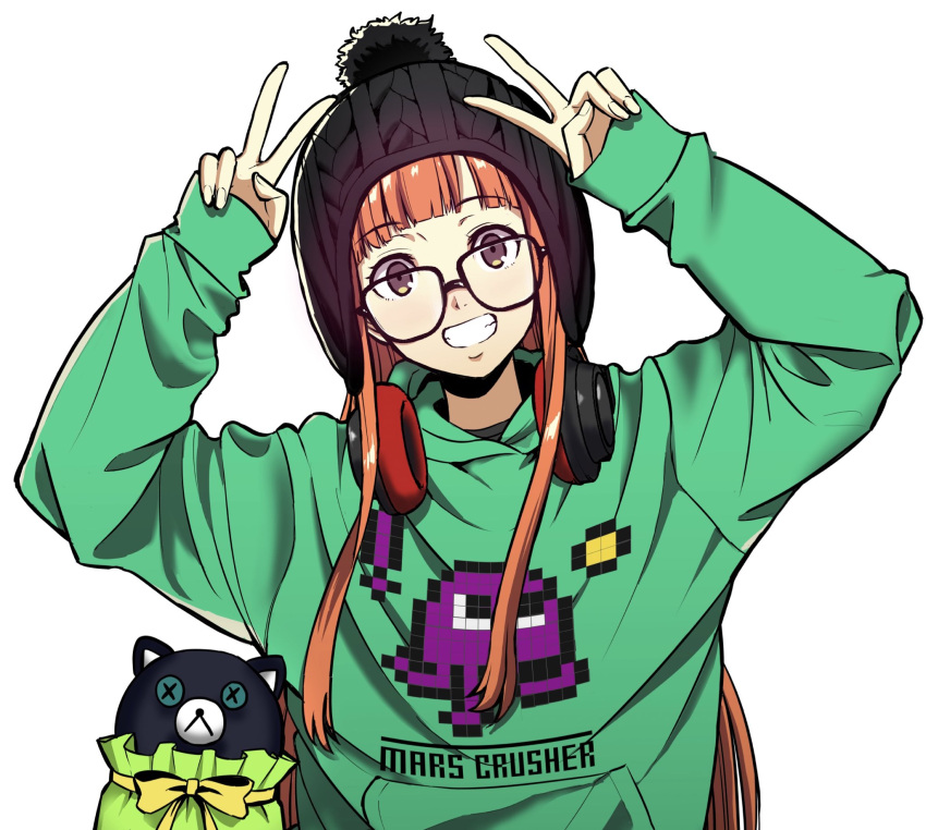 1girl bangs beanie commentary_request double_v glasses hat headphones headphones_around_neck highres hood hoodie ito_(daisukidanchi) long_hair looking_at_viewer morgana_(persona_5) orange_hair persona persona_5 sakura_futaba simple_background smile solo v white_background