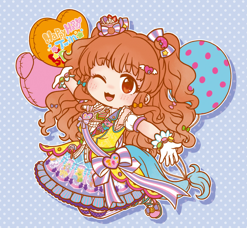 1girl :3 balloon bangs blue_background blush bow brown_eyes brown_hair candy chibi eyelashes food footwear_bow fruit gloves hair_bow hat heart_balloon highres idolmaster idolmaster_cinderella_girls lollipop macaron mini_hat moroboshi_kirari multiple_hair_bows necktie open_mouth outstretched_arms puffy_short_sleeves puffy_sleeves sash short_sleeves socks solo star_(symbol) strawberry striped striped_socks syoko66 twintails two_side_up white_gloves