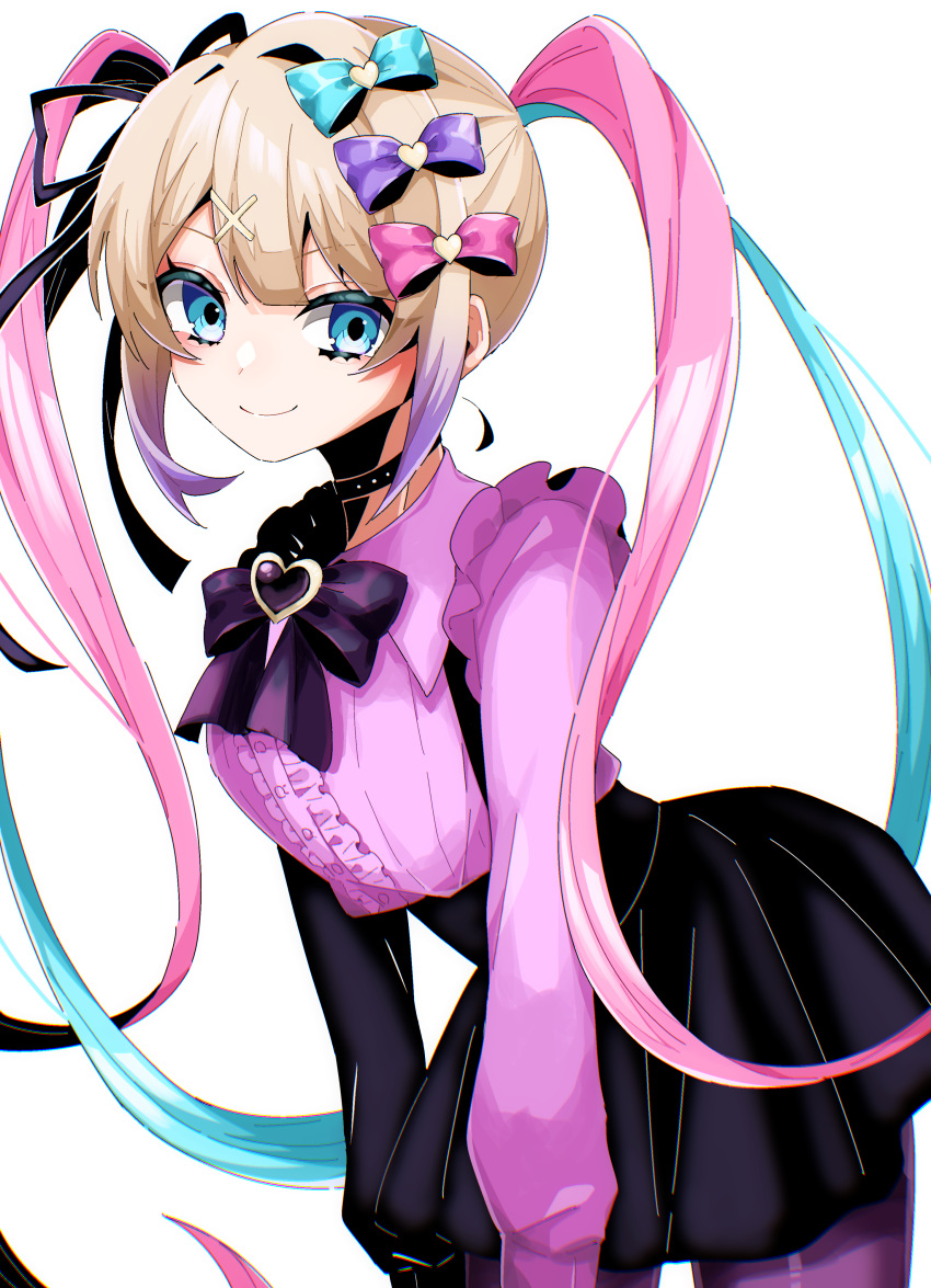 1girl absurdres black_bow black_bowtie black_choker black_skirt blonde_hair blue_bow blue_eyes blue_hair bow bowtie center_frills choker chouzetsusaikawa_tenshi-chan cowboy_shot frilled_sleeves frills hair_bow hair_ornament heart heart_hair_ornament high-waist_skirt highres jirai_kei light_blush long_hair long_sleeves looking_at_viewer multicolored_hair multiple_hair_bows needy_girl_overdose pantyhose pink_bow pink_hair purple_bow purple_pantyhose purple_shirt quad_tails shirt simple_background skirt smile solo takae_(poupee_en_biscuit) twintails very_long_hair white_background