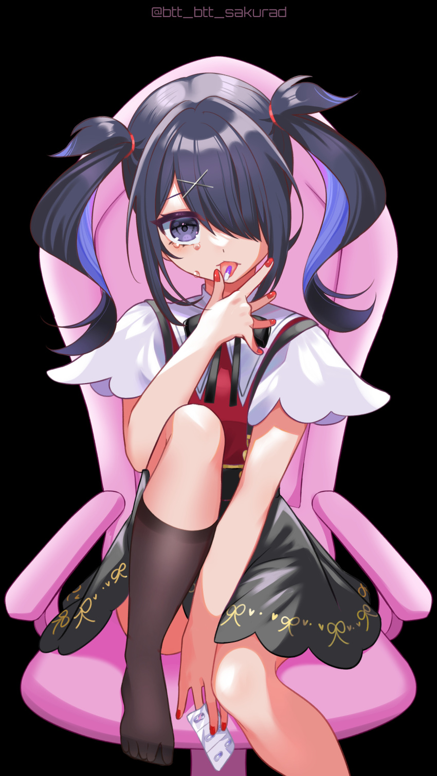 1girl absurdres ame-chan_(needy_girl_overdose) between_legs black_background black_eyes black_hair black_ribbon black_skirt black_socks chair collar collared_shirt crying crying_with_eyes_open foot_out_of_frame hair_ornament hair_over_one_eye hair_tie hairclip hand_between_legs highres jirai_kei knee_up looking_at_viewer medium_hair neck_ribbon needy_girl_overdose no_shoes pill pill_on_tongue red_nails red_shirt ribbon sakurada_btt shirt shirt_tucked_in sitting skirt socks solo suspender_skirt suspenders tears tongue tongue_out twintails white_collar x_hair_ornament