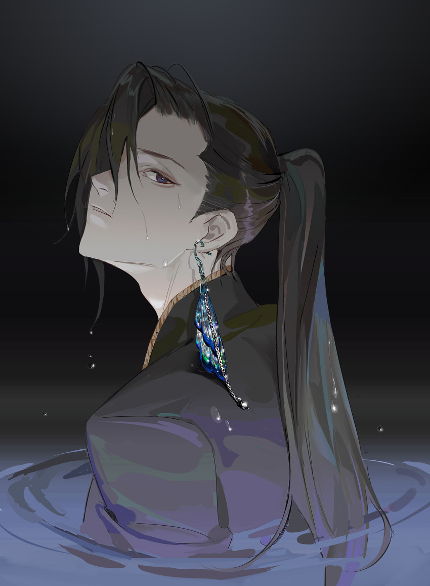 1boy aalili adam's_apple black_background black_hair butterfly_wings earrings from_behind highres jewelry li_chengze long_hair long_sleeves looking_at_viewer looking_back male_focus parted_lips partially_submerged ponytail profile qing_yunian solo upper_body violet_eyes water wet wet_hair wing_earrings wings