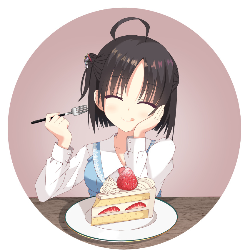 1girl :d absurdres ahoge bangs black_hair blue_jacket blush breasts cake cake_slice closed_eyes closed_mouth commentary elbows_on_table eyes_visible_through_hair food fork fruit hair_bun hand_on_own_cheek hand_on_own_face head_tilt highres hitachi_mako holding holding_fork jacket kaon_zz large_breasts lips long_sleeves parted_bangs plate pov senren_banka shirt short_hair sidelocks simple_background smile solo strawberry tongue tongue_out white_background white_shirt yuzu-soft