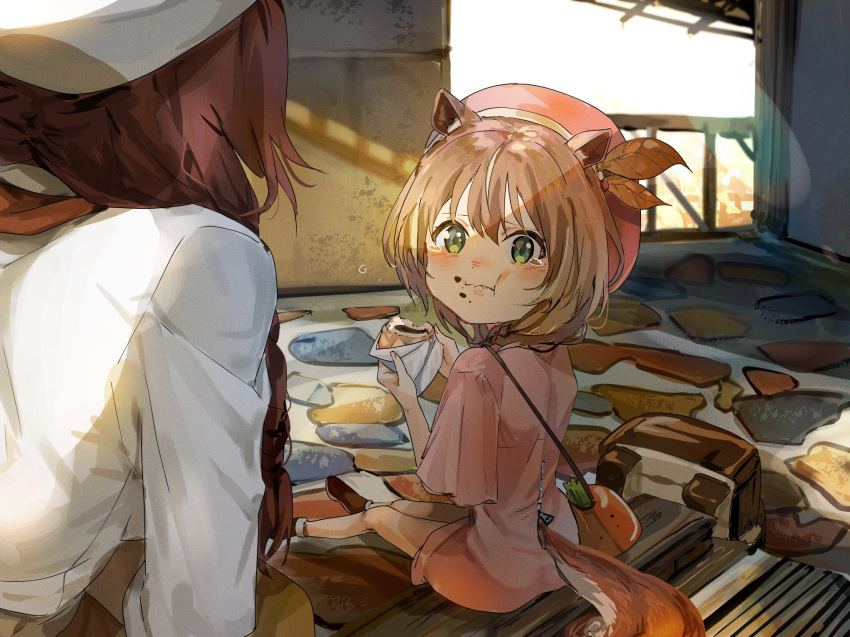 2girls :t aged_down animal_ears ayunda_risu bag bangs bread brown_hair check_commentary commentary_request food food_on_face funi_mu9 green_eyes hat highres holding holding_food hololive hololive_indonesia inugami_korone leaf_hat_ornament multiple_girls short_hair shoulder_bag sitting squirrel_ears squirrel_girl squirrel_tail tail tearing_up virtual_youtuber