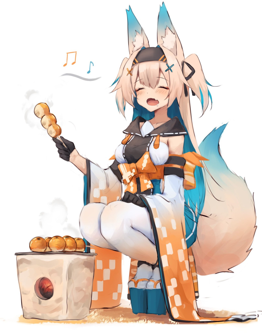 1girl ^_^ animal_ear_fluff animal_ears bangs black_gloves black_hairband black_ribbon blue_hair closed_eyes colored_inner_hair cooking dango detached_sleeves drooling eighth_note fang food fox_ears fox_girl fox_tail full_body gloves hair_between_eyes hair_ornament hair_ribbon hairband hairclip hakama hakama_short_skirt hakama_skirt half_gloves highres holding inre_kemomimi japanese_clothes light_brown_hair long_hair mitarashi_dango multicolored_hair musical_note obi open_mouth original platform_footwear ribbon sailor_collar sash simple_background skin_fang skirt solo squatting streaked_hair tabi tail thigh-highs two_side_up wagashi white_background white_thighhighs wide_sleeves