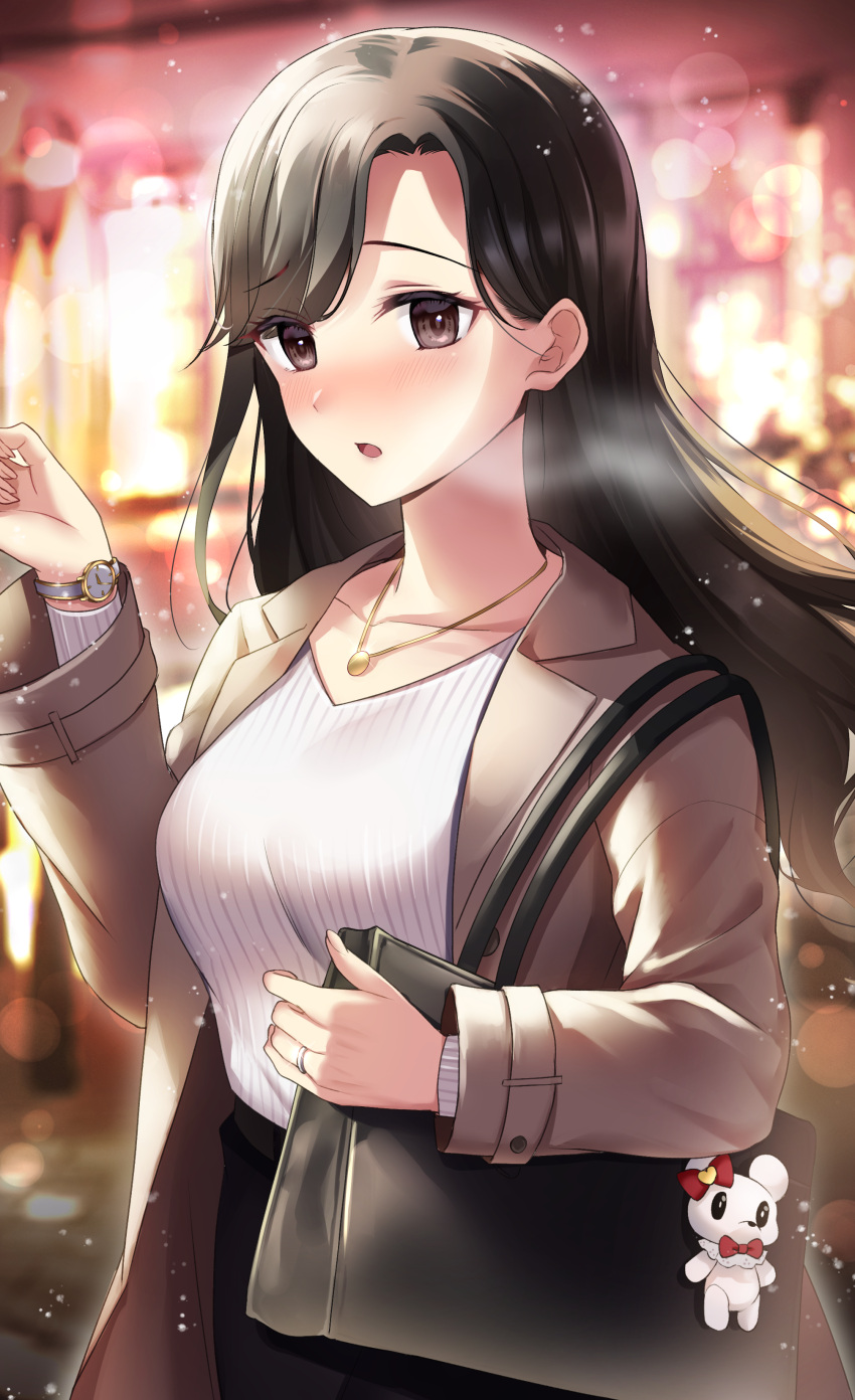 1girl absurdres bag_charm bangs black_hair black_skirt blurry blurry_background blush breasts brown_eyes brown_jacket charm_(object) depth_of_field derori floating_hair hand_up highres jacket long_hair long_sleeves looking_at_viewer medium_breasts open_clothes open_jacket original parted_bangs parted_lips ribbed_shirt shirt skirt solo stuffed_animal stuffed_toy teddy_bear very_long_hair watch watch white_shirt