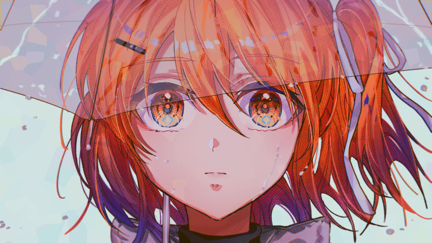 1girl a.i._voice adachi_rei bangs black_shirt close-up closed_mouth commentary diamond_in_eye emergency_exi10 floating_hair hair_between_eyes hair_ornament hair_ribbon hairclip halftone highres jacket light_frown looking_at_viewer medium_hair orange_eyes orange_hair portrait rain ribbon shirt side_ponytail simple_background solo straight-on transparent transparent_umbrella turtleneck umbrella utau water_drop white_background white_jacket white_ribbon wide-eyed