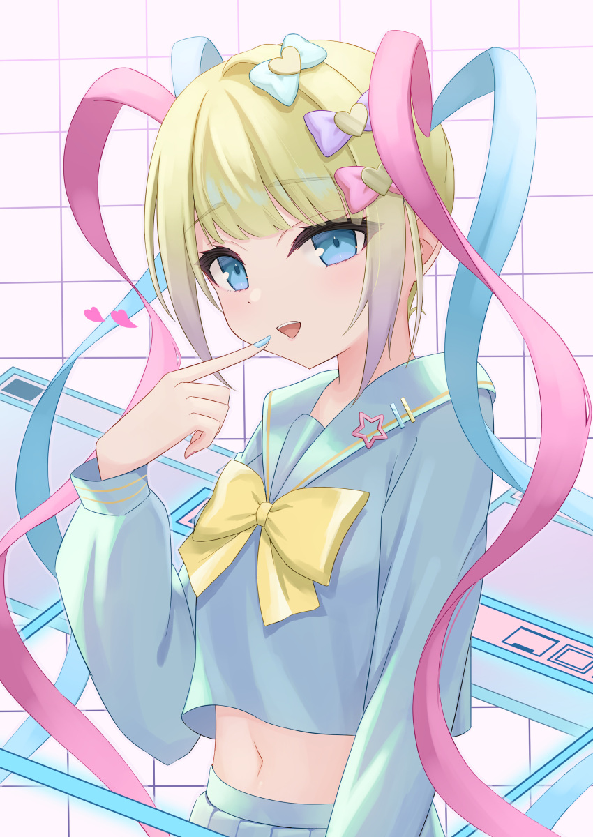 1girl absurdres blonde_hair blue_bow blue_eyes blue_hair blue_nails blue_shirt blue_skirt bow chouzetsusaikawa_tenshi-chan finger_to_cheek hair_bow hair_ornament heart heart_hair_ornament highres hitsuji_(myn_mei) light_blush long_hair long_sleeves looking_at_viewer multicolored_hair multiple_hair_bows navel needy_girl_overdose open_mouth pink_bow pink_hair pleated_skirt purple_bow quad_tails sailor_collar shirt skirt smile solo tile_background upper_body very_long_hair window_(computing) yellow_bow