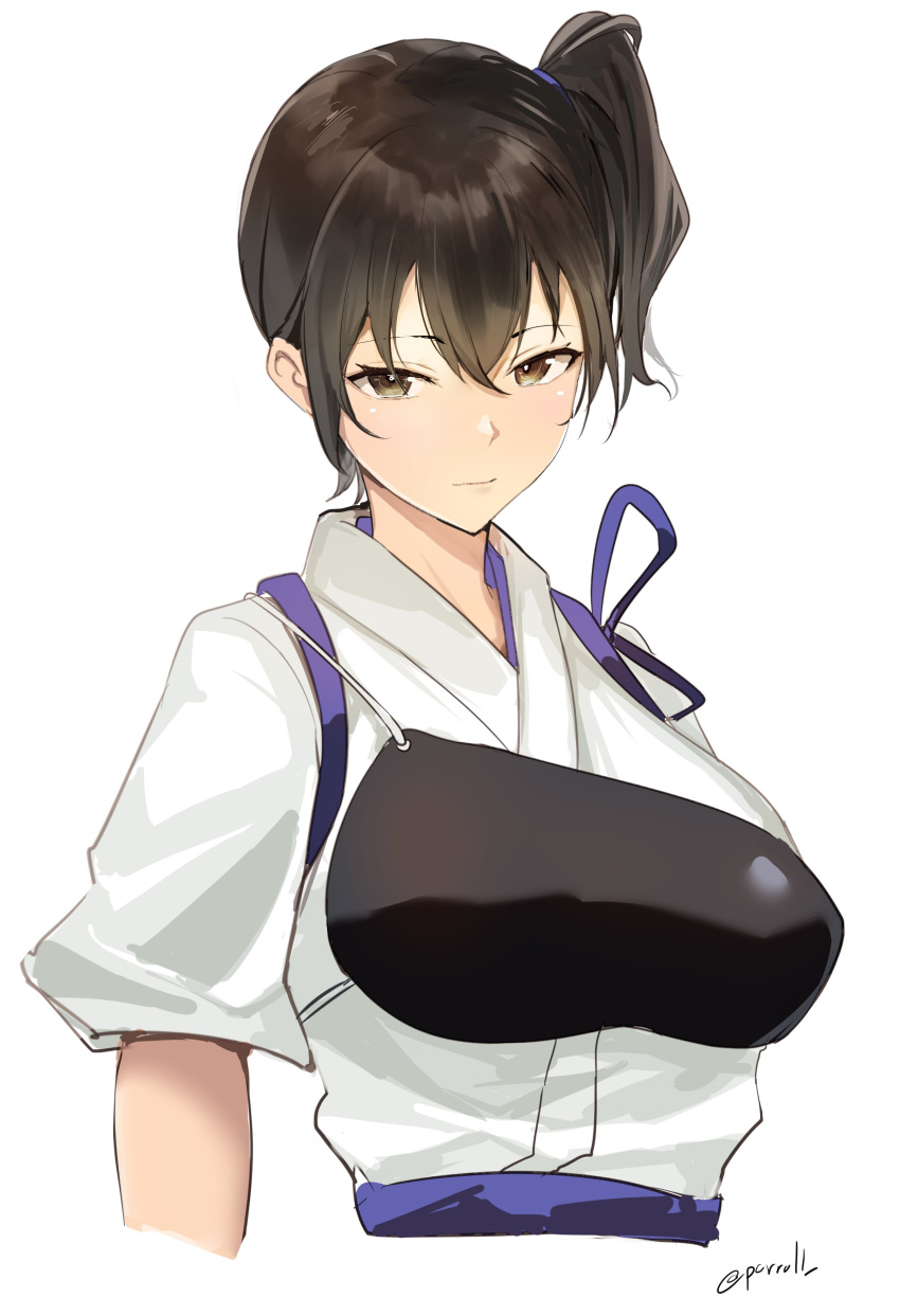 1girl absurdres bangs brown_eyes brown_hair closed_mouth cropped_arms cropped_torso hair_between_eyes highres japanese_clothes kaga_(kancolle) kantai_collection long_hair muneate porroll short_sleeves side_ponytail simple_background solo tasuki twitter_username upper_body white_background