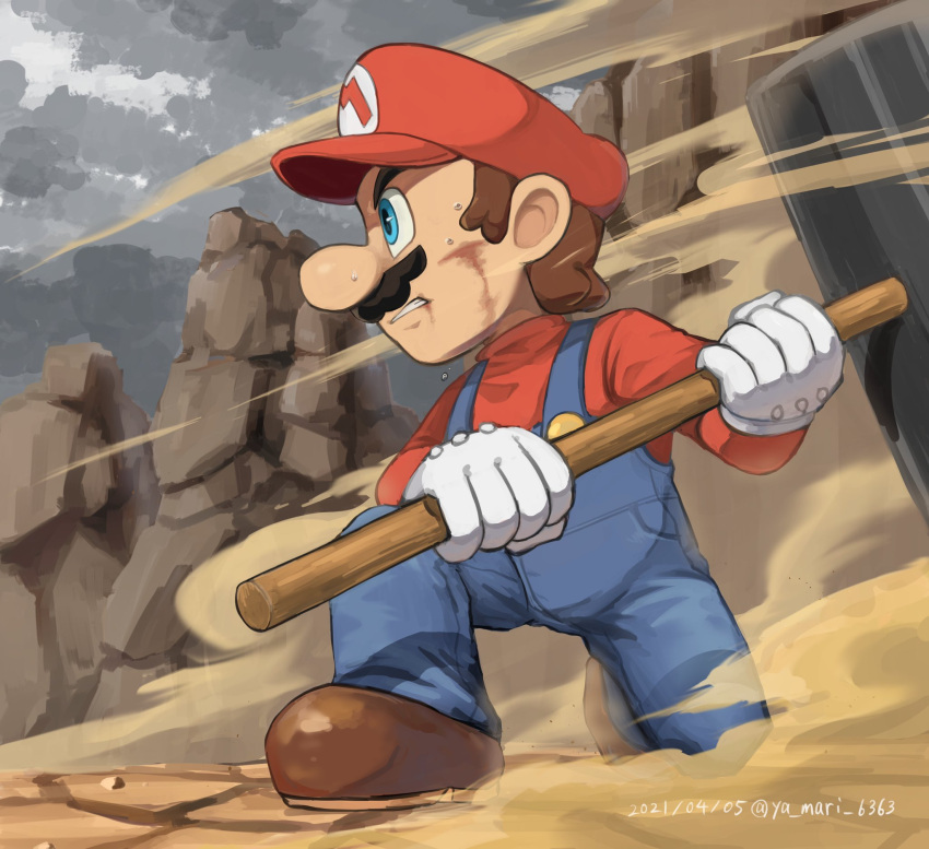1boy blue_eyes blue_overalls boots brown_footwear brown_hair dust_cloud facial_hair gloves grey_sky hammer hat highres holding holding_hammer mario mustache outdoors overalls red_headwear red_shirt rock shirt super_mario_bros. white_gloves ya_mari_6363