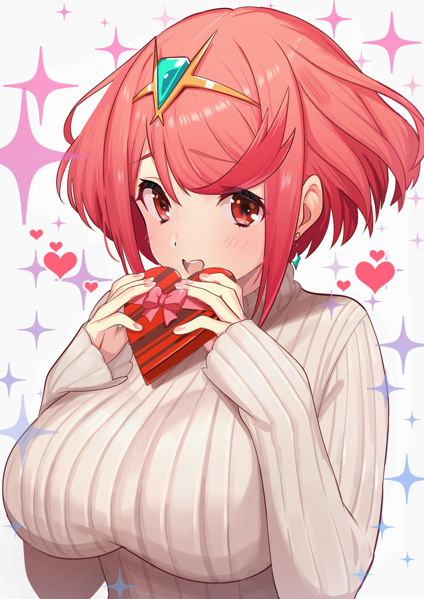 1girl absurdres bangs blush box box_of_chocolates breasts drop_earrings earrings green322 heart heart-shaped_box highres jewelry large_breasts long_sleeves pyra_(xenoblade) red_eyes redhead ribbed_sweater short_hair solo sweater swept_bangs tiara valentine white_sweater xenoblade_chronicles_(series) xenoblade_chronicles_2