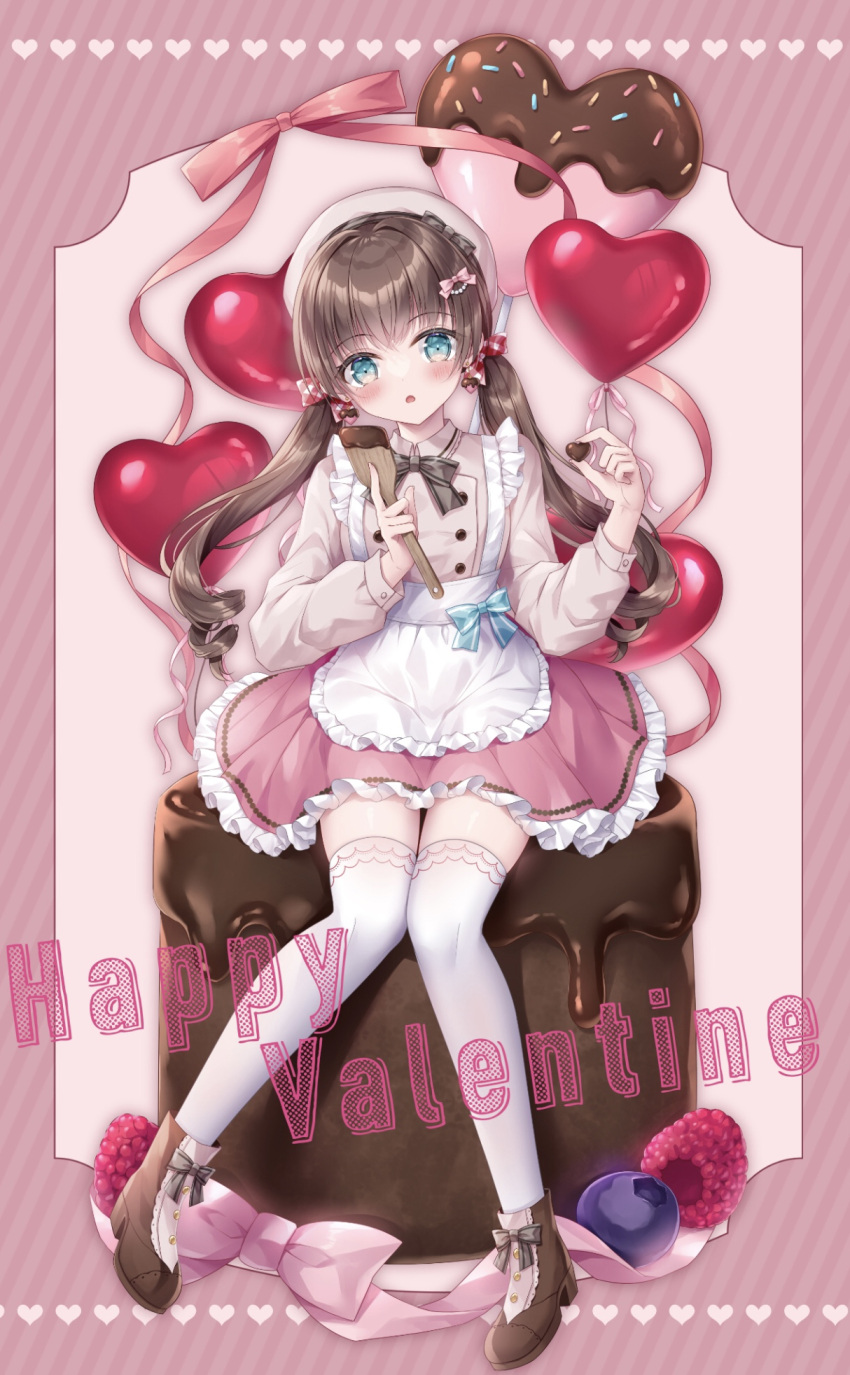 1girl apron balloon beret boots bow brown_footwear brown_hair candy chocolate collared_shirt commentary_request diagonal_stripes food frilled_apron frilled_skirt frills hair_bow hands_up happy_valentine hat head_tilt heart heart-shaped_chocolate heart_balloon high_heel_boots high_heels highres holding holding_food knees_together_feet_apart kohinata_hoshimi long_hair long_sleeves looking_at_viewer low_twintails original parted_lips pink_bow pink_headwear pink_shirt pink_skirt plaid plaid_bow pleated_skirt puffy_long_sleeves puffy_sleeves shirt skirt solo spatula striped striped_background thigh-highs thighhighs_under_boots twintails valentine very_long_hair white_apron white_thighhighs