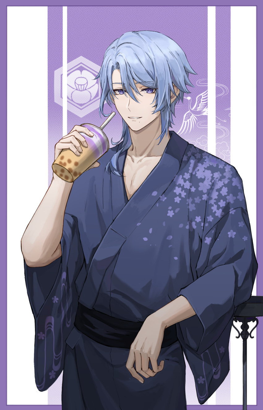 1boy absurdres alternate_costume arm_support bangs black_sash blue_hair blue_kimono border bubble_tea chinese_commentary collarbone commentary_request cowboy_shot cup disposable_cup drinking_straw floral_print genshin_impact hair_between_eyes hair_over_shoulder hand_up highres holding holding_cup japanese_clothes kamisato_ayato kimono long_sleeves looking_at_viewer male_focus medium_hair mole mole_under_mouth obi outside_border parted_bangs parted_lips print_kimono purple_background purple_border sash sidelocks simple_background smile solo standing swept_bangs table two-tone_background violet_eyes white_background wide_sleeves zxuan_l